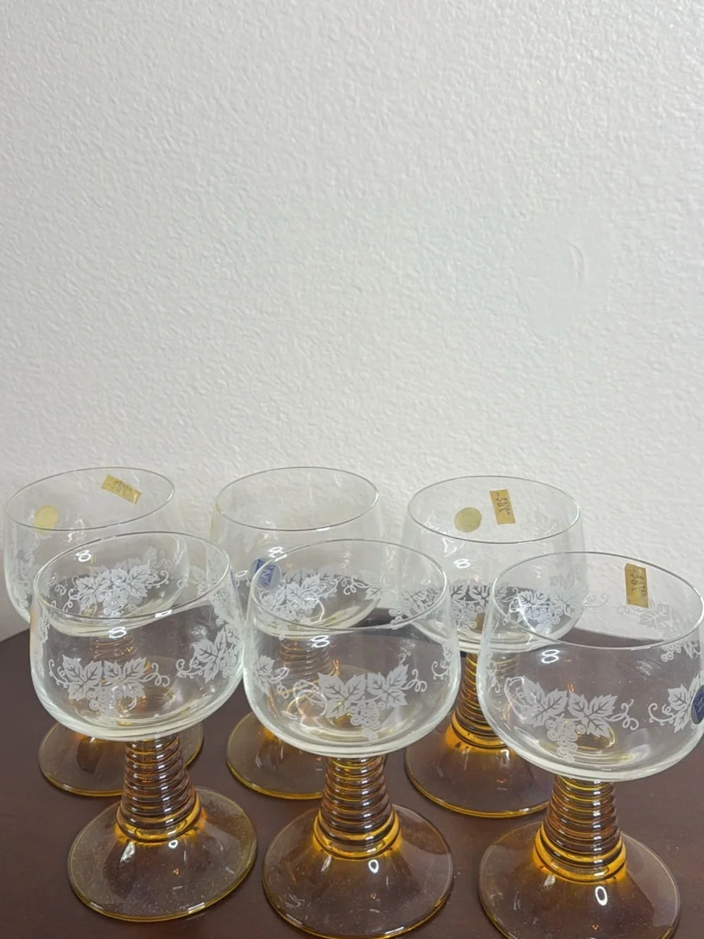 Vintage Schott Zwiesel Amber Ribbed Stem Wine Glasses with Etched Bowls
